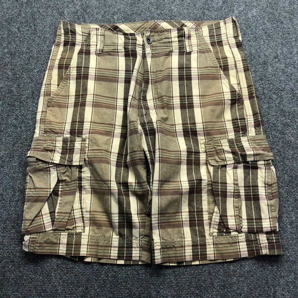 Levis Mens Plaid Cargo Shorts Brown Tan Cotton Size 34 Relaxed Fit Utility